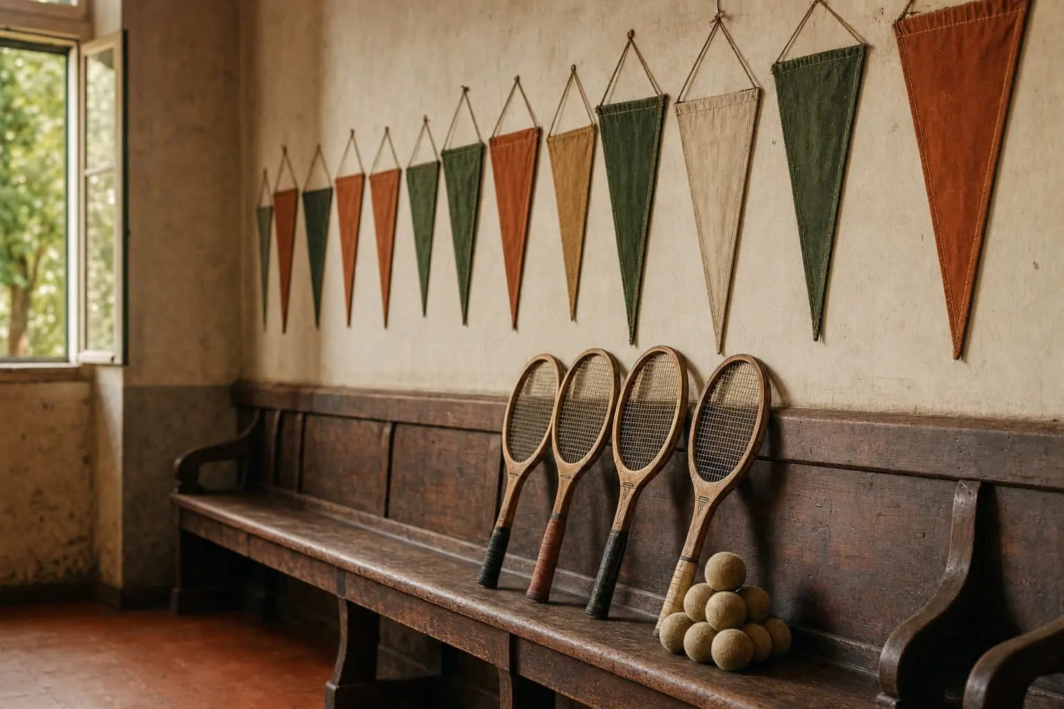 A wall of faded club pennants above a wooden clubhouse bench holding vintage rackets and a stack of tennis balls.