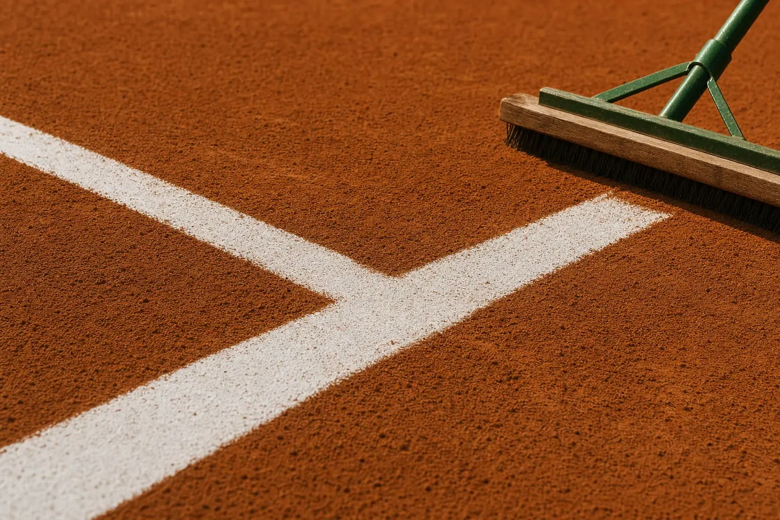 Freshly painted white lines crossing on a raked clay court, a line sweeper at the edge of frame.