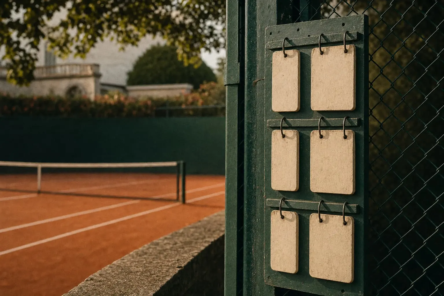 A wooden courtside scoreboard with blank number plates hanging on a green fence beside a clay court.